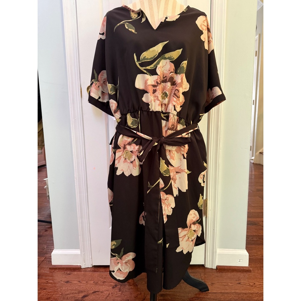Nemidor Black Floral V-Neck Belted Midi Dress Womens Size 22 Kimono Sleeve